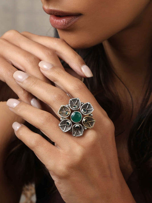 trueBrowns Silver Gold Tone Petal Ring | Swadesiicart