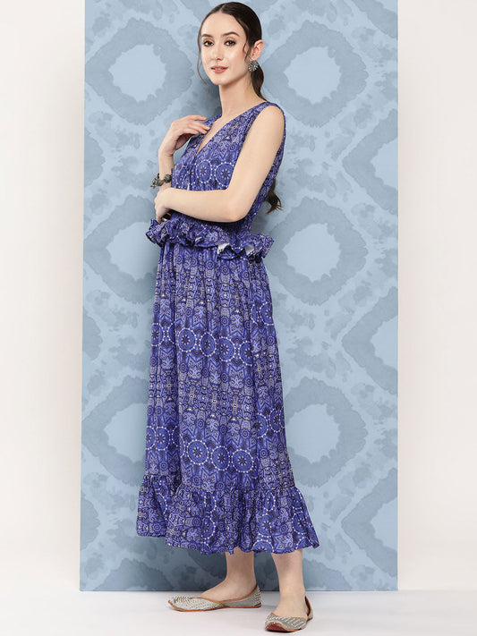 InWeave Women's Blue Floral Paisley Print Long Frill Dress - Swadesiicart