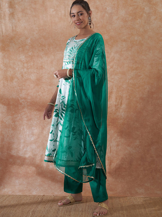 InWeave Women's White Teal Lurex Leaf Print Patch Gota Kurta Set W Teal Dupatta - Swadesiicart