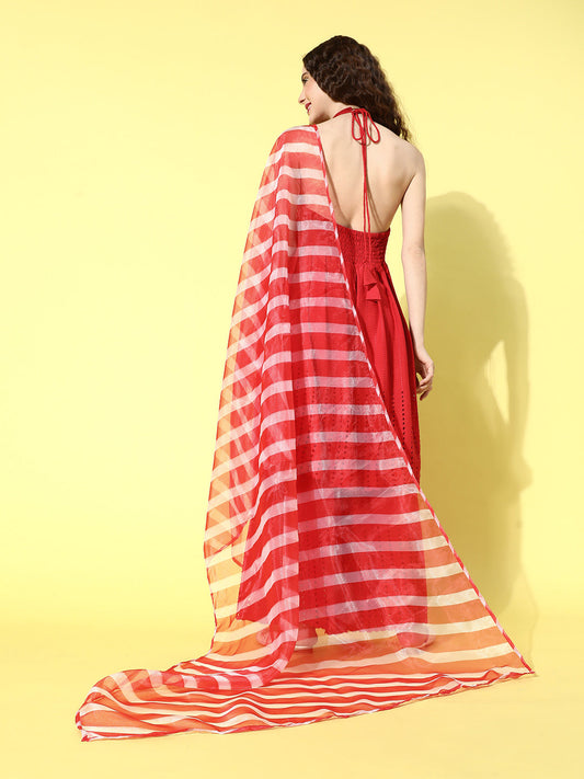 InWeave Women's Red Lace Work Backless Kurta Sharara Set With Lehariya Dupatta - Swadesiicart