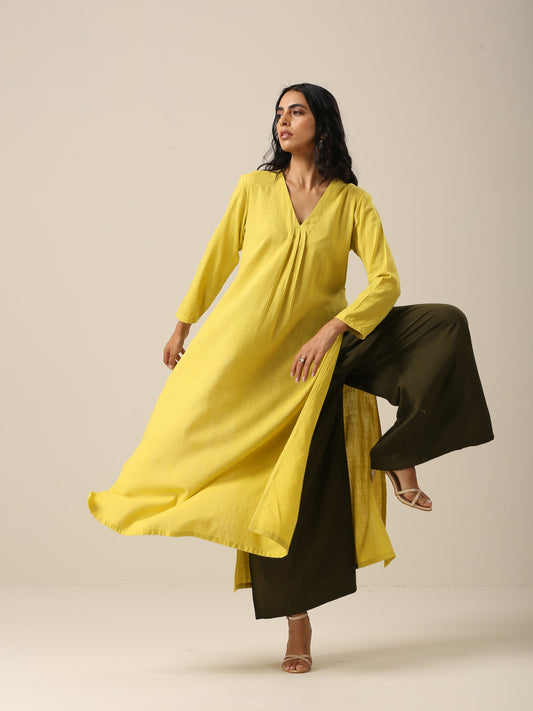 trueBrowns Lime Slub Texture Slit Kurta Palazzo Set | Swadesiicart