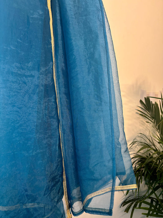 trueBrowns Teal Organza Pre-Stitched Saree | Swadesiicart