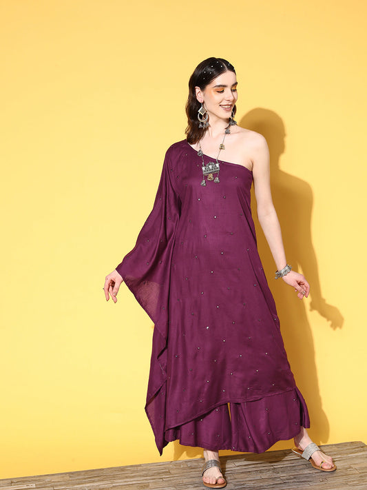 InWeave Women's Wine Mirror Work One Shoulder Kurta Set - Swadesiicart
