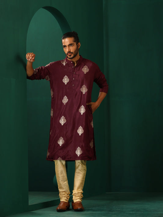 trueBrowns Men's Wine Geometric Viscose Silk Long Kurta | Swadesiicart