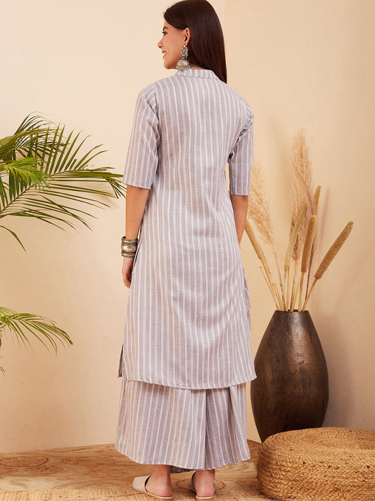 InWeave Women's Light Grey Lurex Kantha Mandarin Neck Kurta Palazzo Set - Swadesiicart