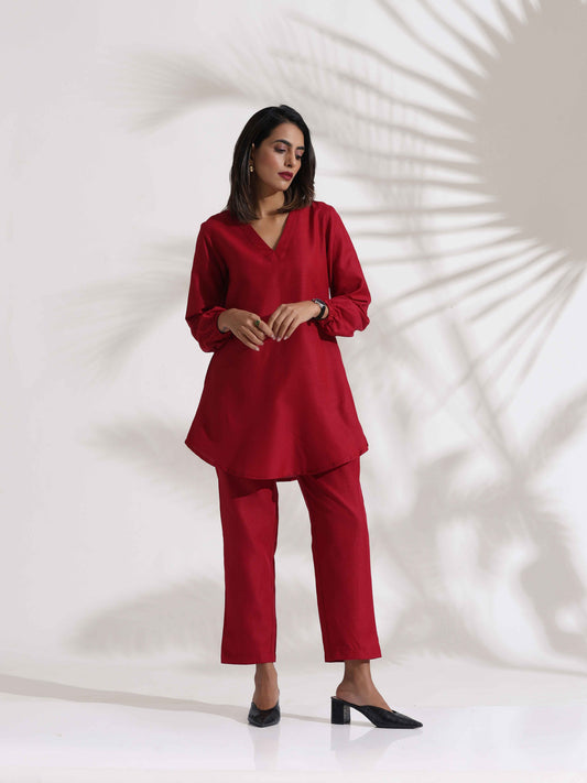 trueBrowns Maroon Slub Co-ord Set - Swadesiicart