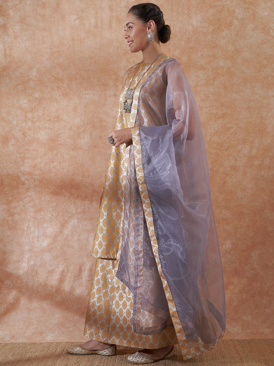 InWeave Women's Light Grey Jacquard Halter Kurta Set W Grey Or Dupatta - Swadesiicart