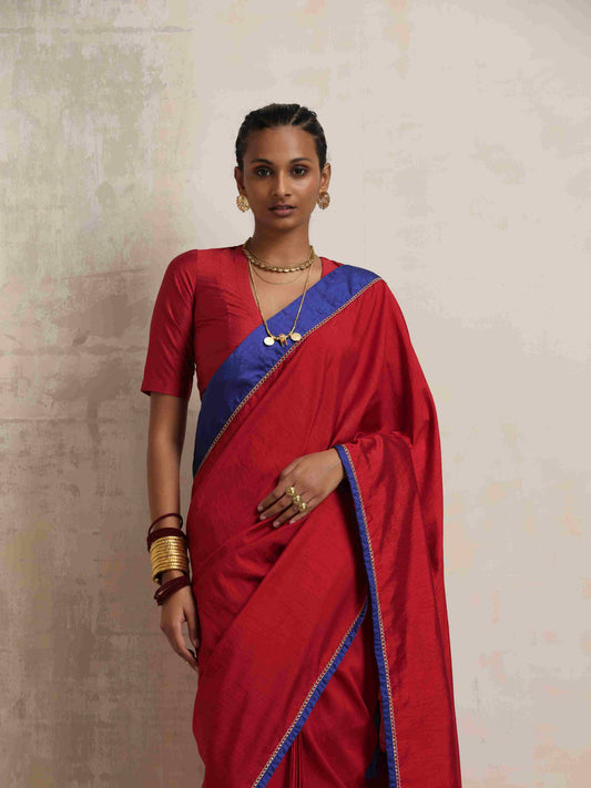 trueBrowns Red Silk Ready To Wear Saree | Swadesiicart