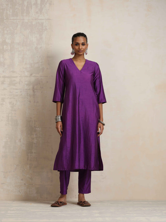 trueBrowns Purple Silk High Slit Kurta Set | Swadesiicart