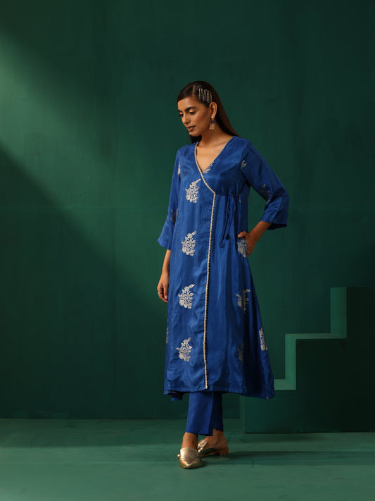 trueBrowns Royal Blue Floral Viscose Silk Angrakha Kurta Pant Set | Swadesiicart
