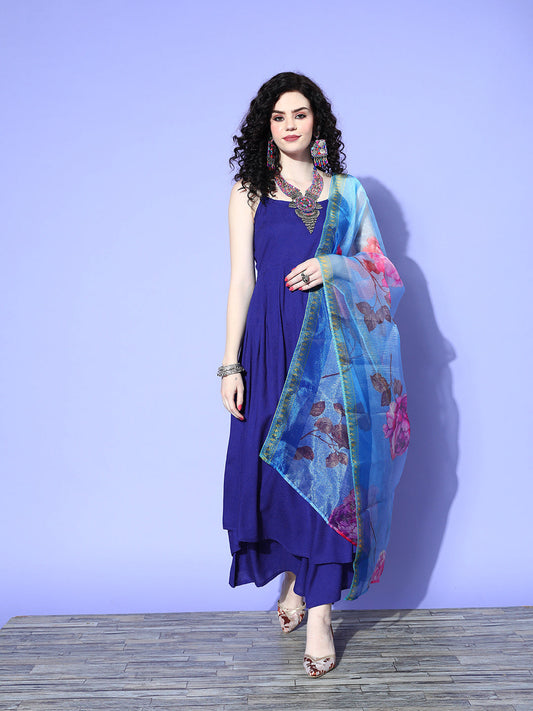 InWeave Women's Strappy Set In Ink Blue With Blue Fuschia Floral Organza Dupatta - Swadesiicart