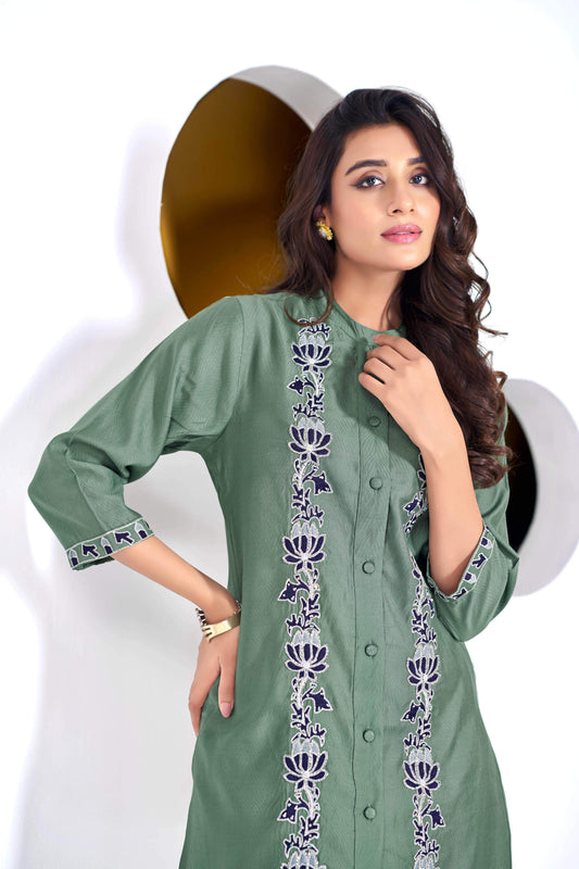 BulBul Deepti Chanderi Olive Co-Ord Set - Swadesiicart