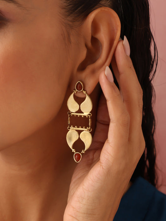 trueBrowns Brass Red Stone Paisley Earrings - Swadesiicart