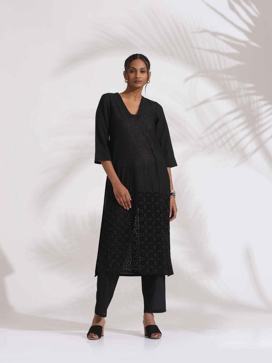 trueBrowns Black Cotton Schiffli Kurta Set | Swadesiicart