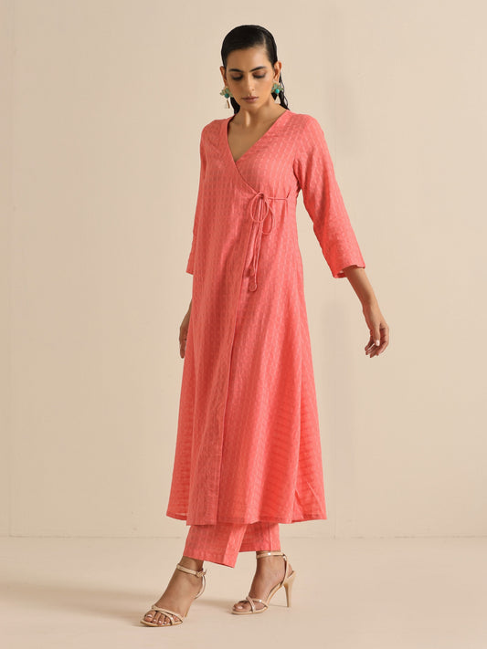 trueBrowns Bright Pink Dobby Angrakha Kurta Pant Set | Swadesiicart