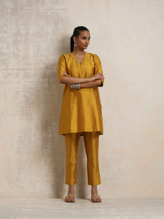 trueBrowns Gold Silk Kurta Co-ord Set - Swadesiicart