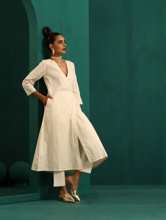 trueBrowns Ivory Tonal Cotton Angrakha Kurta Pant Set | Swadesiicart