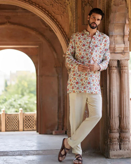 trueBrowns Men's Off White Floral Bunch Muslin Silk Printed Co-ord Set - Swadesiicart