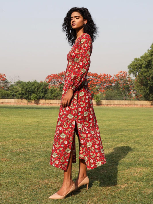 trueBrowns Red Cotton Block Print Backless Dress | Swadesiicart