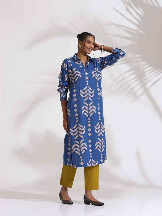 trueBrowns Blue Cotton Stripe Print Kurta Set | Swadesiicart