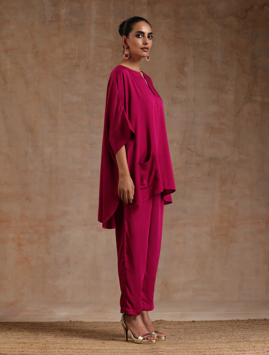 trueBrowns Pink Modal Satin Boxy Fit High-Low Co-Ord Set - Swadesiicart