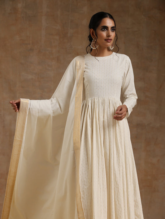 trueBrowns Ivory Gold Cotton Anarkali Set | Swadesiicart