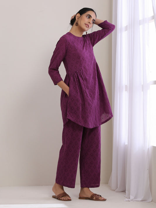 trueBrowns Plum Purple Dobby Gathers Co-Ord Set - Swadesiicart