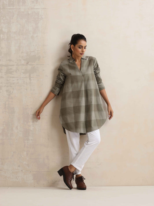 trueBrowns Green Check Pleated Winter Top | Swadesiicart