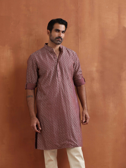 trueBrowns Men's Purple Cotton Dobby Kurta | Swadesiicart