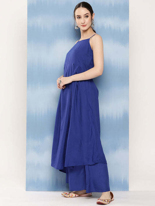InWeave Women's Ink Blue Strappy Set With Navy Pink Lotus Cr Dupatta - Swadesiicart