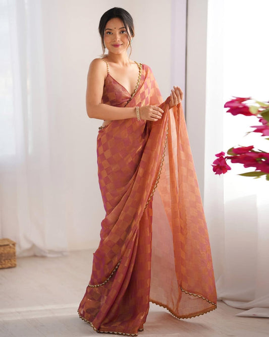 Lorenvalley Fashion Peach NC Chiffon Square with fancy Lace Saree with Blouse - Swadesiicart