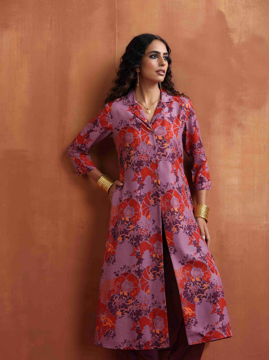 trueBrowns Purple Print Shirt Kurta Set | Swadesiicart