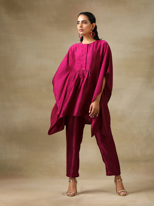 trueBrowns Purple Textured Silk Gathered Kaftan Co-Ord Set - Swadesiicart