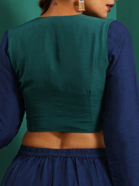 trueBrowns Teal Blue Silk Full Sleeve Blouse | Swadesiicart