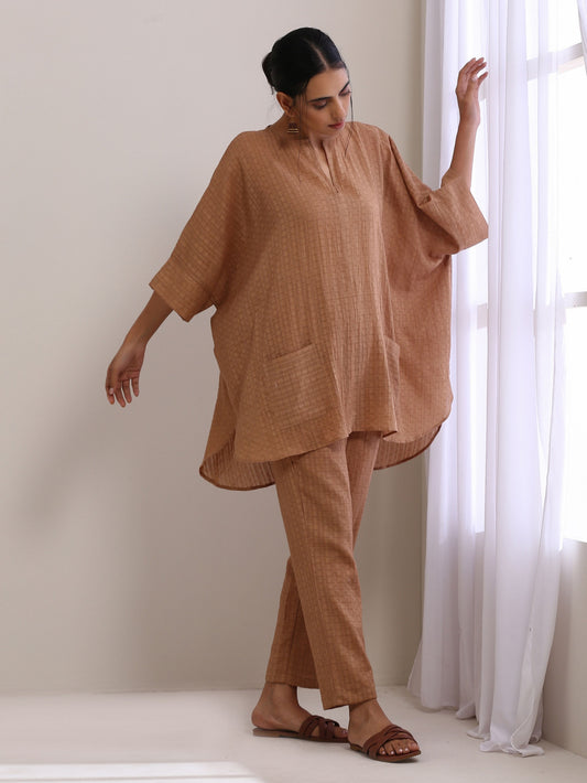 trueBrowns Beige Dobby Boxy Fit High-Low Co-Ord Set - Swadesiicart