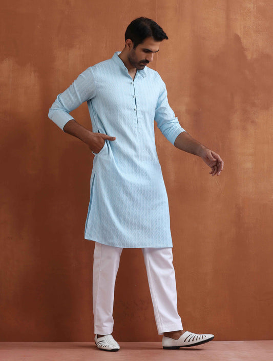 trueBrowns Men's Blue Sequin Chanderi Kurta | Swadesiicart