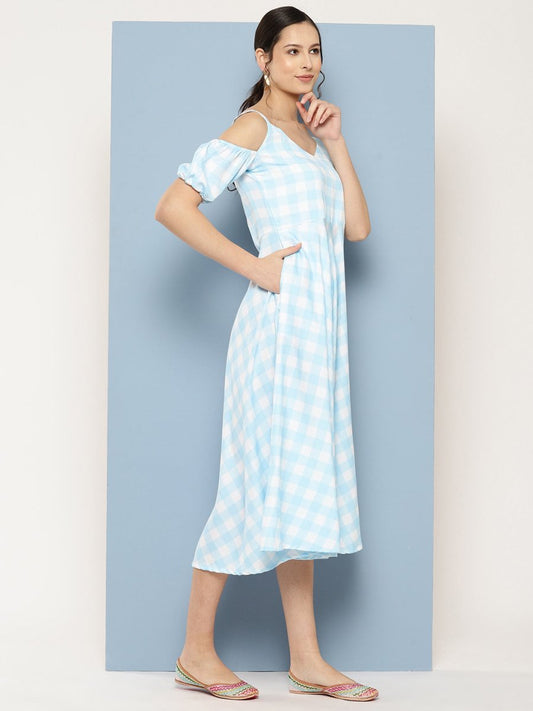 Ahalyaa Checked Cold-Shoulder Sleeves Midi Empire Ethnic Dress | Swadesiicart