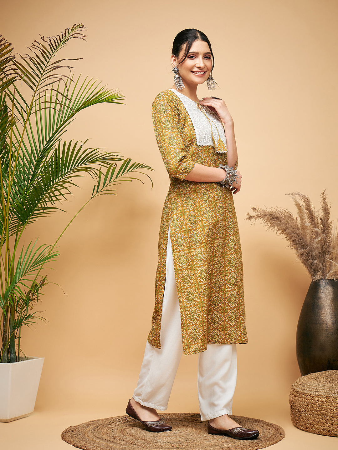 InWeave Women's Olive Ajrakh Print Cotton Patch Work Straight Kurta Pant Set - Swadesiicart
