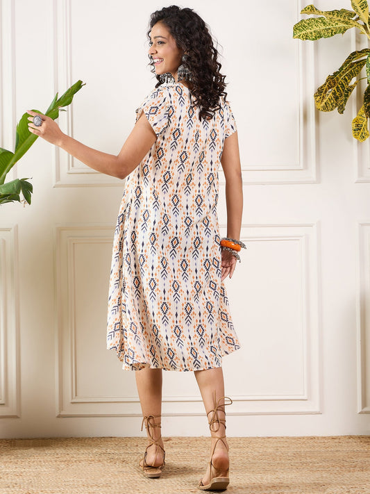 InWeave Off White Orange Black Ikkat Print Round Neck Aline Dress - Swadesiicart