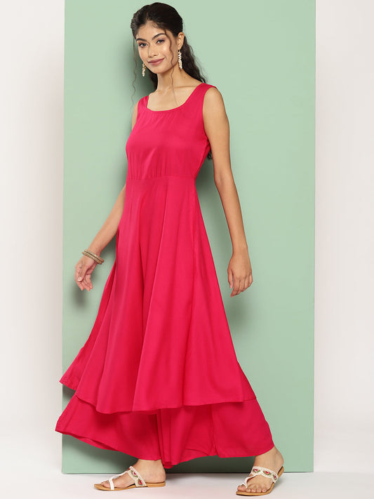 InWeave Women's Fuchsia Sleeveless Kurta Set W Navy Floral Or Dupatta - Swadesiicart