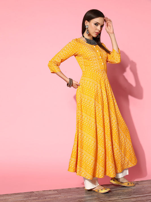 InWeave Women's Yellow Bandhani Long Anarkali Kurta With Green Bandhani Dupatta - Swadesiicart