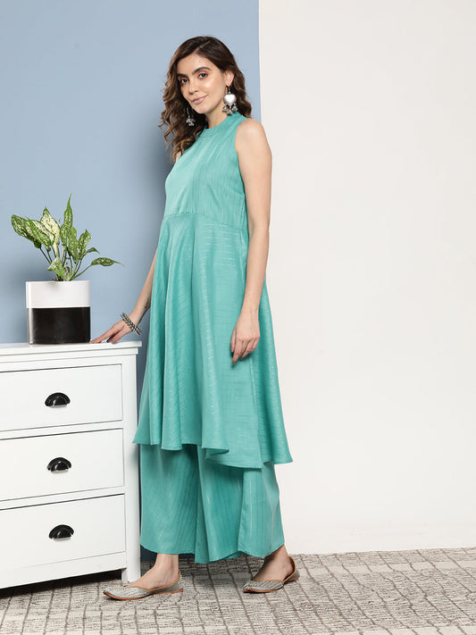 InWeave Women's Teal Lurex Boho Kurta Set With Sky Blue White Leh Dupatta - Swadesiicart
