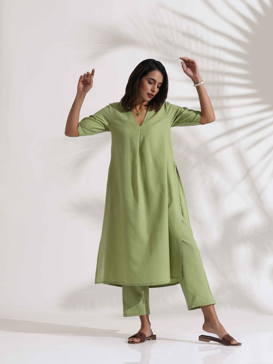 trueBrowns Green Slub Kurta Set | Swadesiicart