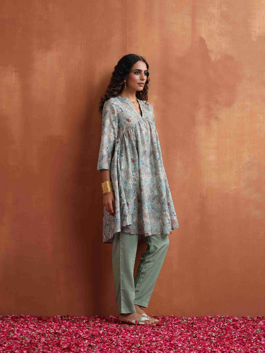 trueBrowns Green Print Flared Kurta Co-ord Set - Swadesiicart