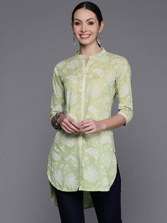 Ahalyaa Mandarin Collar Floral Printed Tunic with Lace Inserts Detail | Swadesiicart