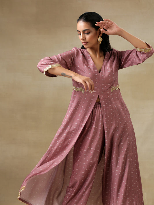 trueBrowns Dark Mauve Bandhani Printed Silk Front Slit Kurta Pant Set | Relove | Swadesiicart