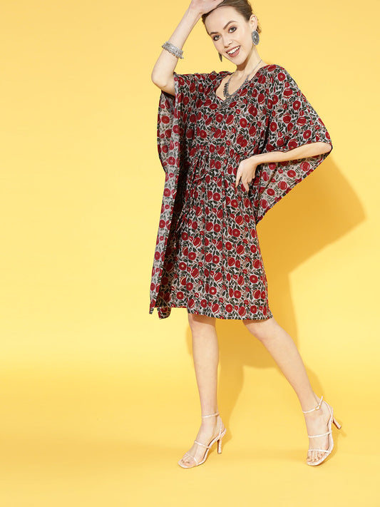 InWeave Women's Maroon Floral Jaal Print Kaftan Dress - Swadesiicart