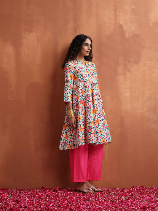 trueBrowns Off White Print Flared Anarkali Kurta Co-ord Set - Swadesiicart