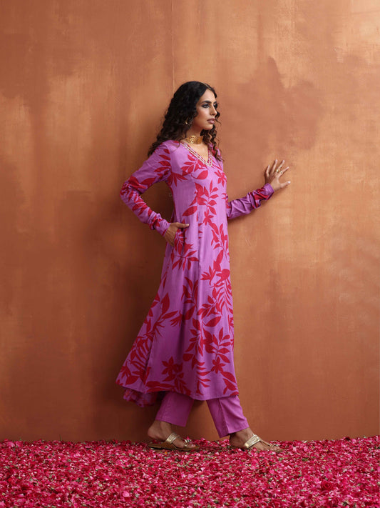 trueBrowns Purple Print A-line Kurta Set | Swadesiicart