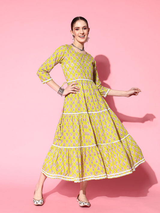 InWeave Women's Yellow Floral Print Tiered Dress With Lace - Swadesiicart